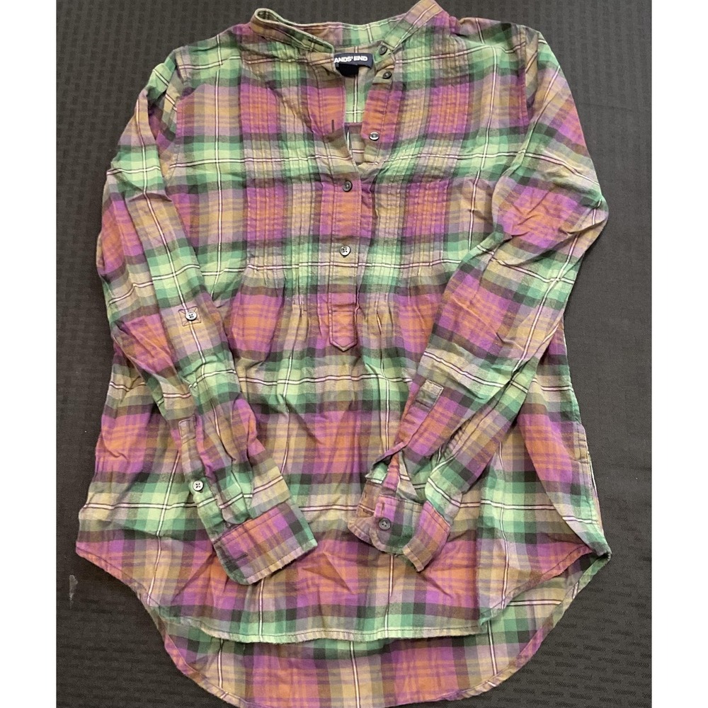 Lands' End Shirt Womens 4 Multicolor Plaid Tunic Henley Long‎ Sleeve Fall Casual